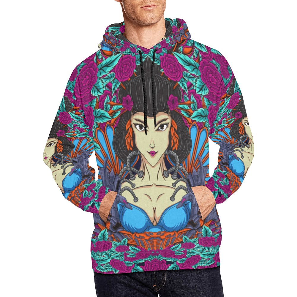 Japanese Geisha Woman Illustration With Flowers All Over Print Hoodie